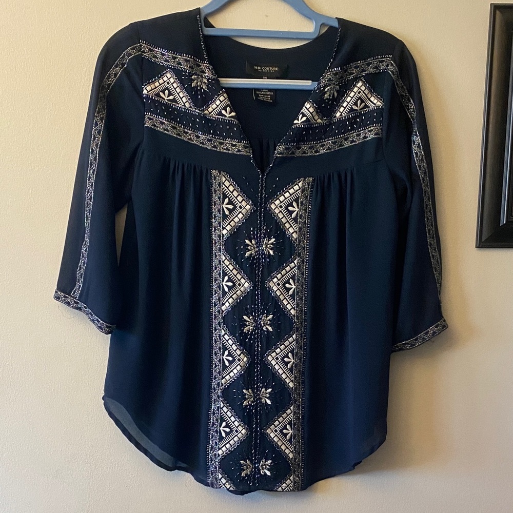 MM Couture Navy Embroidered Split V-Neck Tunic